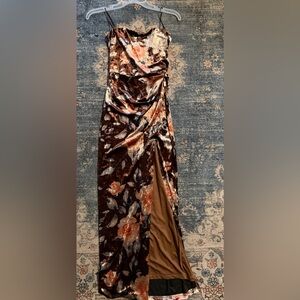 privy Brown Floral Velvet Midi Dress with Side Slit